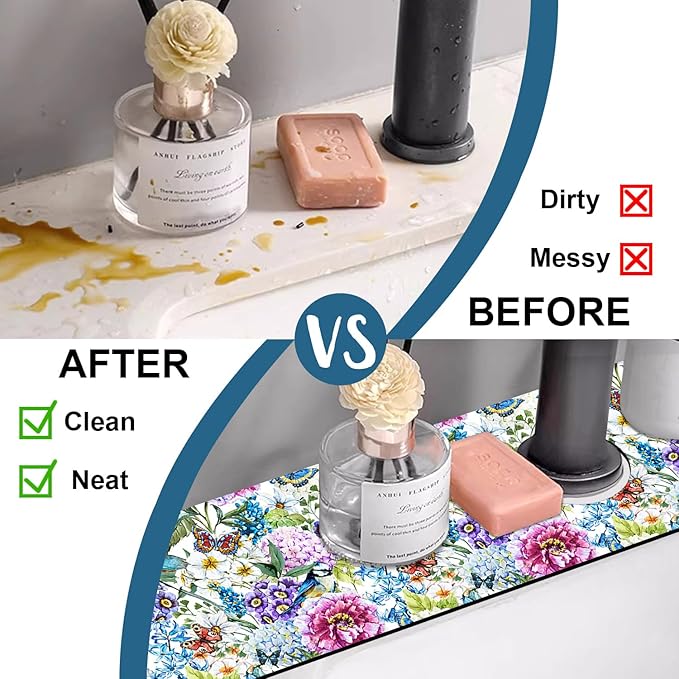 Beautiful Floral Sink Splash Guard Flower Bird Butterfly Faucet Absorbing Mat Fast Drying Mat Sink Gadgets Splash Guard Behind Faucet Drip Catcher for Kitchen Bathroom, 23.5"x5.5"