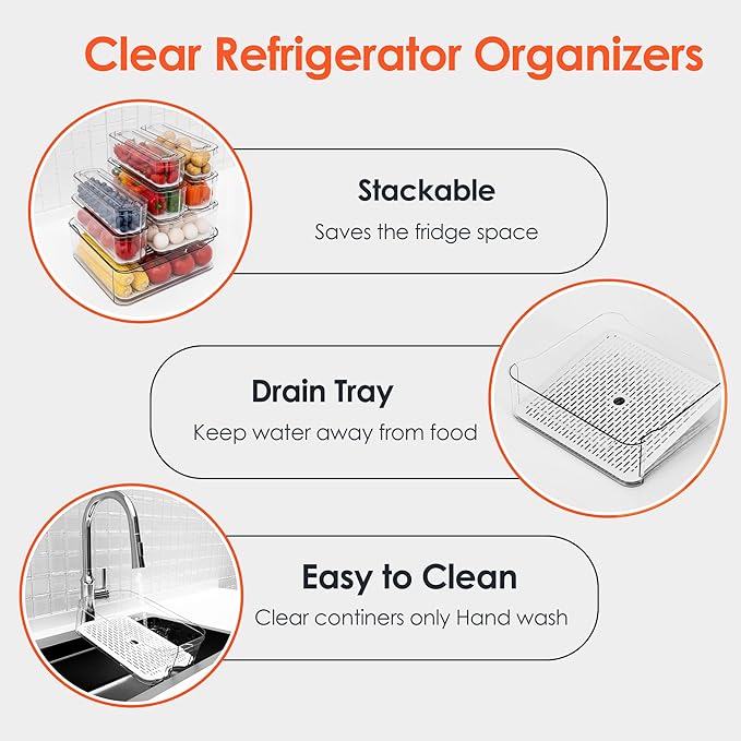 Fridge Organizers and Storage, 8 Pack Clear Freezer Organizer Bins with Lids for Kitchen, Pantry, Refrigerator, Food, Fruit, Vegetable Storage (8 Bins (Include Pull-out Drawer))