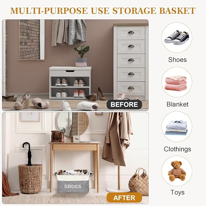Lukeline Fabric Shoe Basket for Entryway, Hallway or Mudroom - Flodable Space-Saving Storage Bin for Closet, Decorative Home Decor (Large)