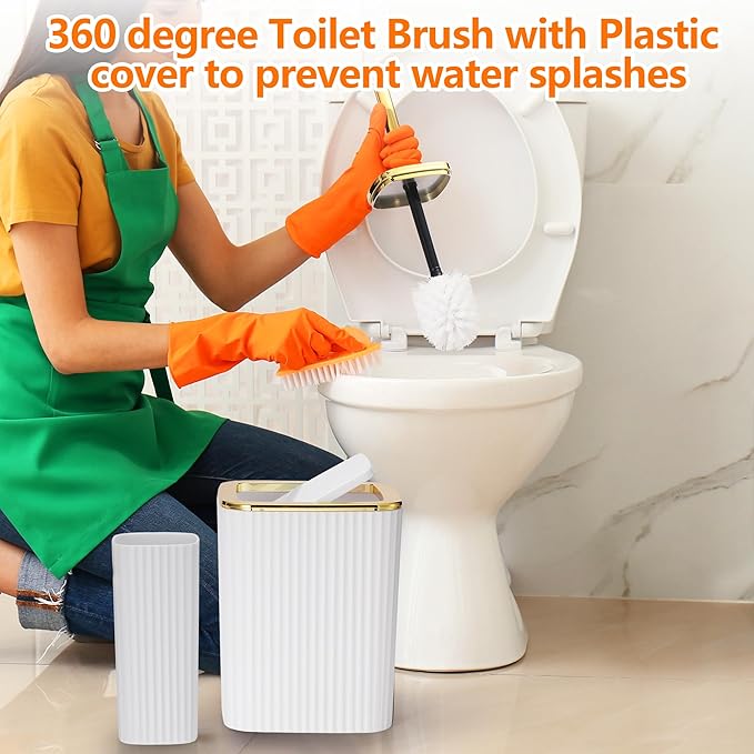 Bathroom Accessories Set,9 Piece White Bathroom Sets Complete with Toothbrush Holder, Trash Can, Lotion Soap Dispenser, Toothbrush Cup, Vanity Tray, Soap Dish, Toilet Brush, Qtip Holder for New Home