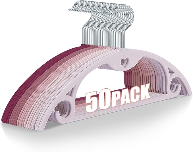 IEOKE Velvet Hangers 50 Pack: Felt Clothes Hangers Heavy Duty Shirt Sweater Hangers No Shoulder Bump Non Slip Slim Thin Coat Hangers for Closet - Pink Multi