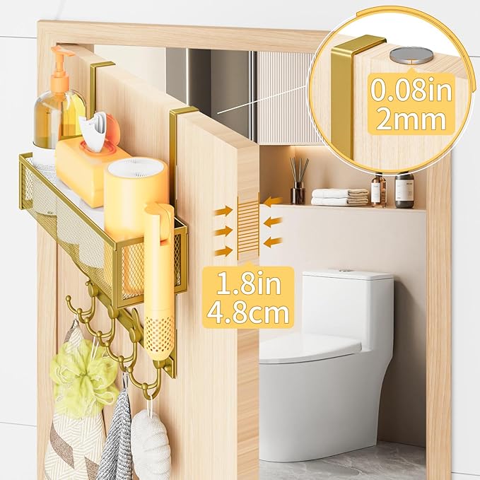 Kaiferty Over The Door Hooks Organizer,Over Door Hanger Towel Rack Mesh Basket with 12 Hooks,Back of Door Storage Organizer for Bedroom,Bathroom,Kitchen,Office(Gold)