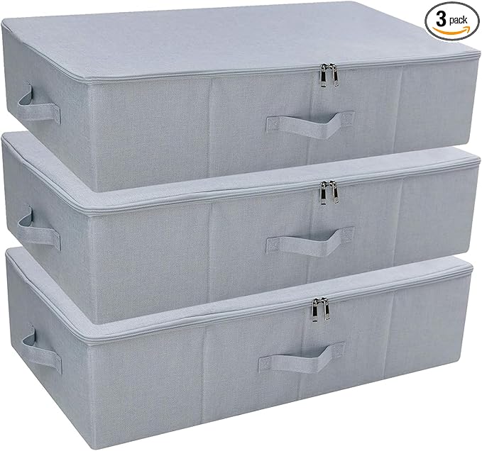 Pack of 3, Folding Under the Bed Storage Bins with Lids, Clothes, Shoes, Blanket, Bedding Closet Organizer Containers, Bedroom Storage Organizer Basket, Space Saving Organiser Bins, Light Gray