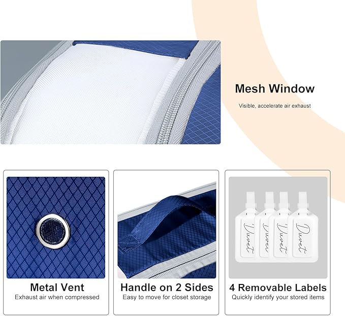 Comforter Storage Bag - Large Capacity Bedding Storage Bags Ultra Space Saving Self Compression Organizer, Washable Compression Bags for Storage Comforter Blanket Duvet, 4-Pack, Navy Blue