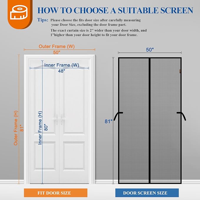 Magnetic Screen Door, Fits Door Size 48'' x 80'', Scratch-Proof Polyester, Classic Middle-Opening, Keep Annoying Creatures Out, Pet Friendly Mesh, Walk Through, Suitable for French/Double Doors, Grey
