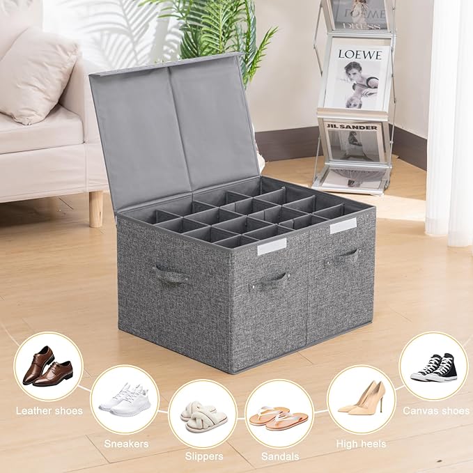 Shoe Organizer for Closet Fits 16 Pairs, Large Shoe Storage Box Bins Containers with Lid and Adjustable Dividers for Shoes, Sneakers and High Heeled, Hard Shell and Stackable (Grey)