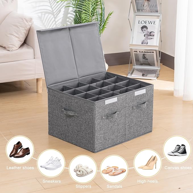2 Pack Shoe Storage Box Fits 32 Pairs, Large Shoe Organizer with Lid and Adjustable Dividers for Closet, Shoes, Sneakers and High Heeled, Foldable and Stackable (Grey)