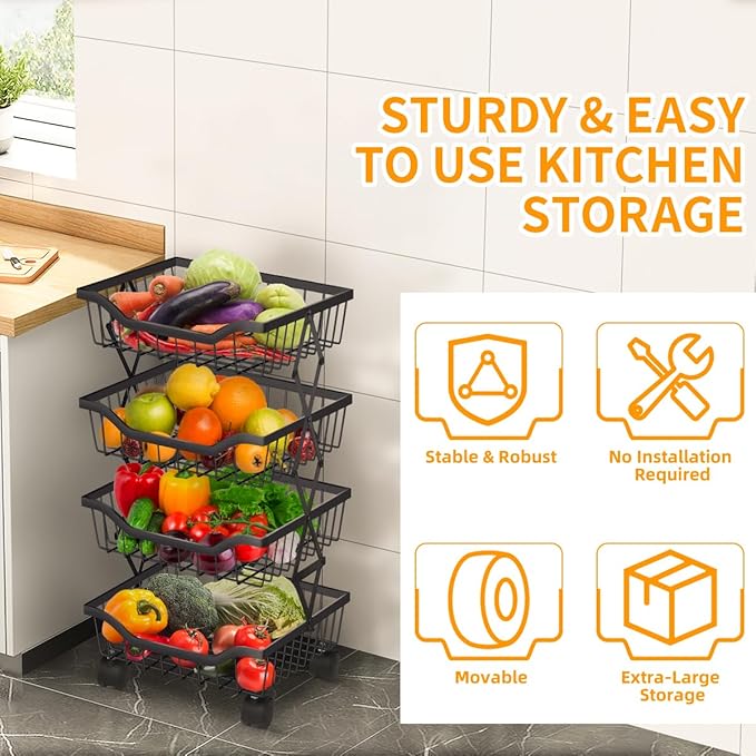 Fruit Basket for Kitchen 4 Tier Stackable Fruit Vegetable Storage Baskets with Wheels Metal Wire Storage Basket Organizer Cart for Kitchen Livingroom Diningroom Office, Black