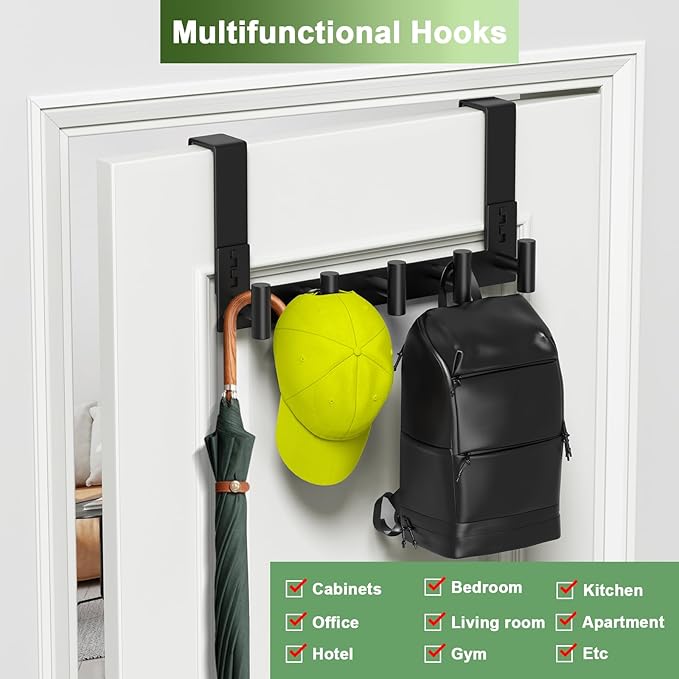 VINHOLD Stainless Steel Over Door Hooks, Over Door Hanger Holder for Robe Cloths, Heavy Duty Towel Hooks, Coat Rack, Doors Organizer for Bathroom, Bedroom, Locker Room & Closet (1 Pack, Black)