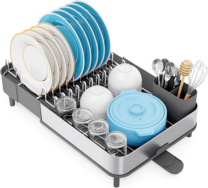 Dish Drying Rack, 304 Stainless Steel Dish Drainer with Removable Utensil Holder & Drain Board, Rustproof Space-Saving Dish Rack for Kitchen Countertop, Grey
