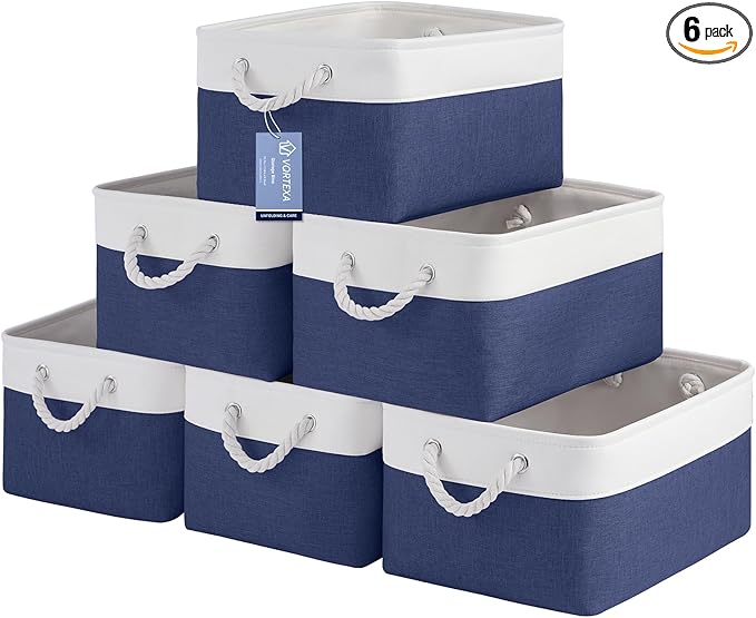 Large Storage Baskets- 15.7x11.8x8.26 inch Storage Bins for Shelves and Closet Organizing, Foldable Fabric Bin for Home Organization Clothes and Laundry (6-Pack, White&Blue)