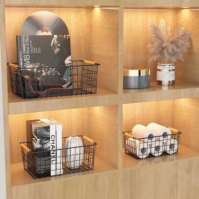 Wire Storage Baskets with Wooden Handles, 3 Pack Metal Organizer Baskets for Kitchen, Pantry, Freezer, Laundry,Farmhouse,Bathroom Baskets for Organizing,Black (1 Small, 1 Medium, 1 Large)