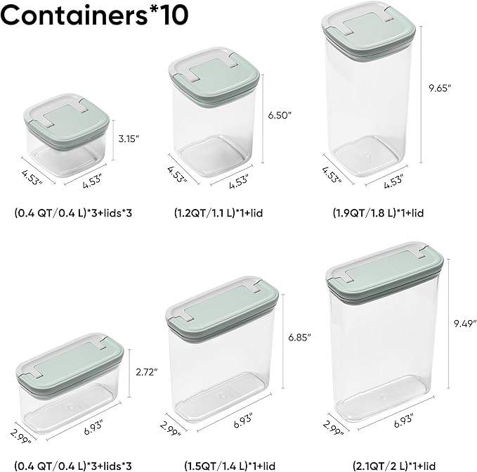CAROTE Easy-open Airtight Food Storage Containers with Lids, 20 PCS Durable Plastic Kitchen Storage Containers for Dry Food/Fruit, Leakproof, BPA-Free, Sage Green/Grey