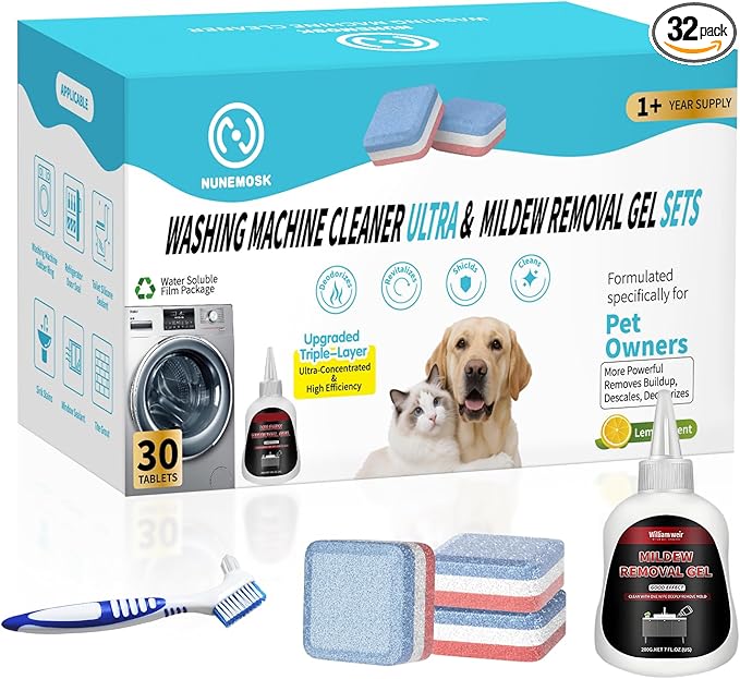 Nunemosk Washing Machine Cleaner Tablets Ultra - Designed for Pet Owners, Removes Residue, Grime & Odors, with Mold Cleaning Gel&Brush, Compatible with HE, Top&Front Load, 30 Tablets-12+ Month Supply