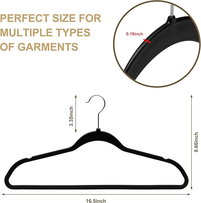 Quality Hangers 50 Pack Slim Plastic Hangers for Clothes - 16.5" Won't Crease Your Clothes, Heavy Duty Non-Velvet Black Hangers 360° Swivel Chrome Hook Non Slip Notches Dresses Coats Shirts Jackets