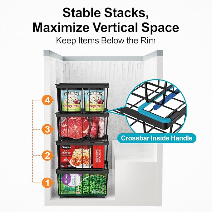 iSPECLE Deep Freezer Organizer, 8 Pack Wire Baskets for 5 Cu.Ft Chest Freezer & Upright Freezers (Over 8.5 Cu.Ft), 14" x 9.4" Stackable Heavy Duty Storage Bins Easy Access to Sort Meat, Black