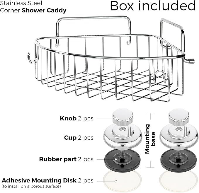 Corner Shower Caddy with Suction Cups and 3M Adhesive Mounting Discs for porous surfaces - Stainless Steel Basket for Bathroom Storage (Chrome)