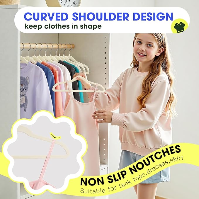 Kids Hangers 50 Pack,14 Inch Kids Velvet Hangers Slim & Space-Saving,Baby Clothes Hangers with 360 Swivel Hook,Heavy Duty Hanger for Infant & Childrens Coats, Pants,and Dress(Beige)
