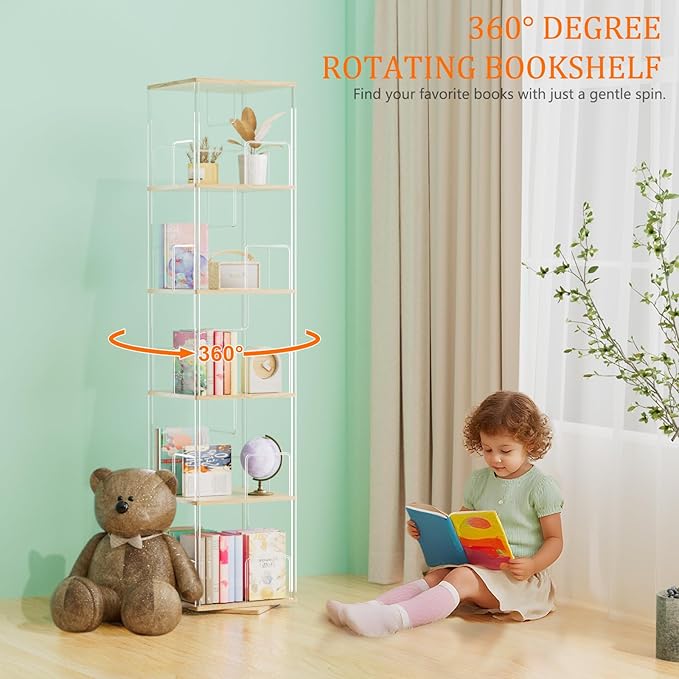 360° Rotating Bookshelf, 5-Tier Spinning Book Shelf Tower with Solid Wood & Clear Acrylic, Square Revolving Bookcase for Living Room, Bedroom and Office