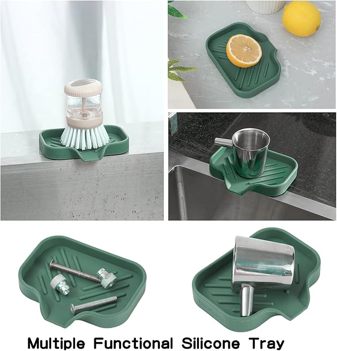 MicoYang Silicone Bathroom Soap Dishes with Drain Spout-Bathroom and Kitchen Sink Organizer,Sponge Holder,Dish Soap Tray,Perfect for Dispenser,Scrubber,Bottle,Cup on Sink or Counter-Green 4.9"×3.2"