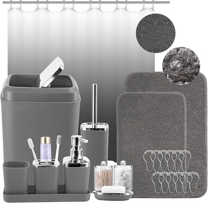 Grey Bathroom Accessories Set, Bathroom Sets with Shower Curtain and Rugs, Trash Can, Tray, Soap Dispenser, Soap Dish, Toothbrush Holder, Toothbrush Cup,Toilet Brush and Qtip Holders for Home