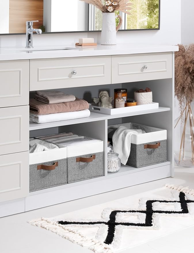 StorageWorks Fabric Shelf Baskets, Closet Organizers and Storage Basket, Foldable Storage Bins for Shelves, Clothes Storage Bins, Gray and White, 3-Pack, Large