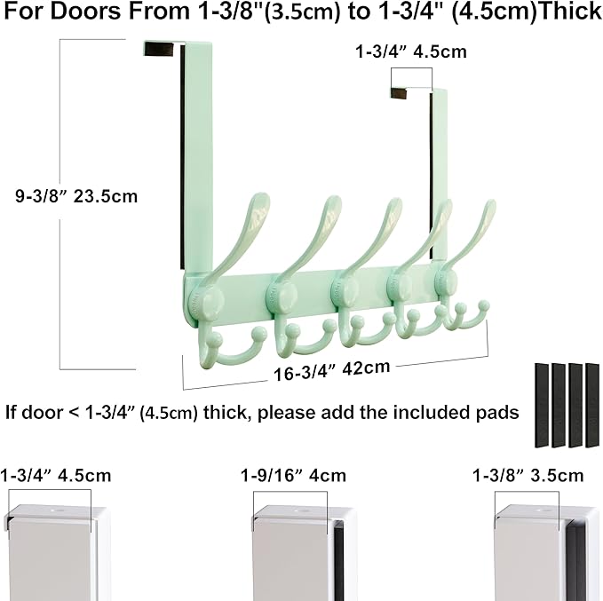 Dseap Over Door Hook 2.0 - Upgraded Version - Simple-Assembly, Strong, Heavy-Duty Stainless Steel 5-Tri-Hook Over The Door Hanger Rack, SimpleStrong Series, Green, Pack of 2