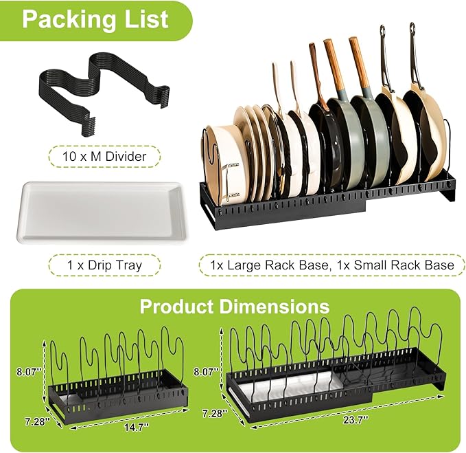 Pots and Pans Organizer Under Cabinet with Drain Board, Expandable Pot Lid Organizer inside Cabinet Holder with 10 Adjustable Compartment, Rack for Cutting Board, Sheet Pan, Cookware, Black