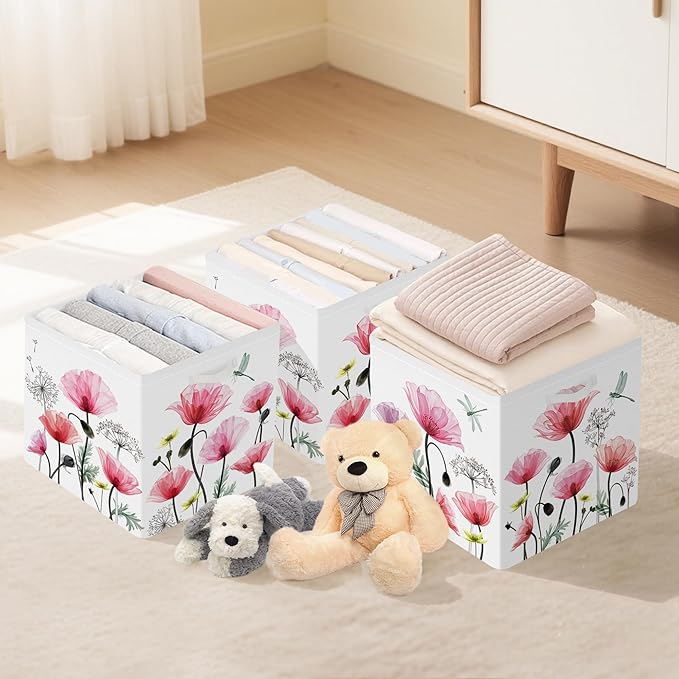 Clastyle Flowers Storage Cube Organizer Set Handle Closet Clothes Cube with Metal Frame Foldable Parents Organizer Storage Basket for Book Toy,Red Poppy,11.8x11.8x11.8 in