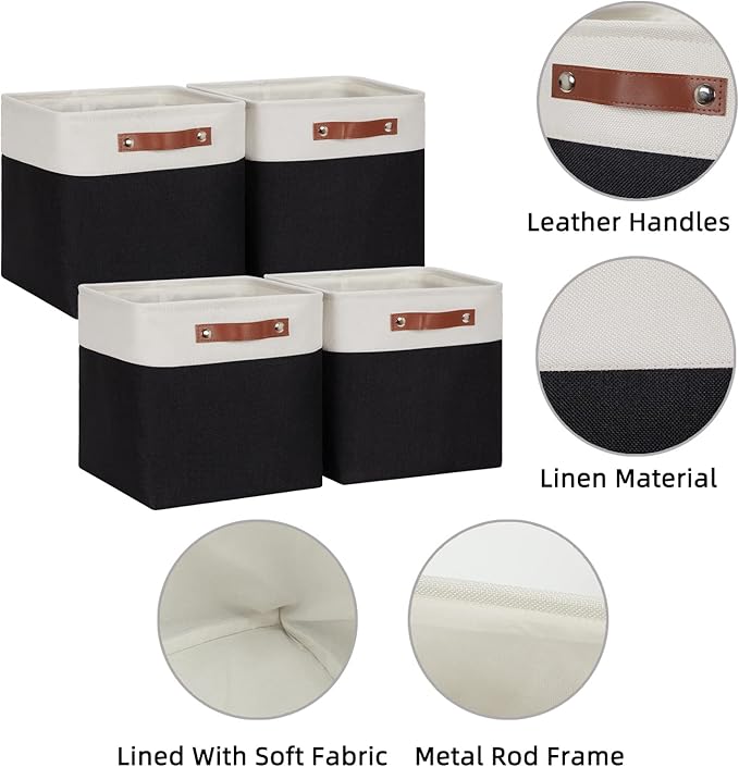 HNZIGE Foldable Storage Basket set,Fabric Storage Baskets for Shelves,Linen Closet Organizers (4 Pack) Storage Baskets,11x11 Storage Basket for Books,Clothes,Gifts with Handles(White&Black)