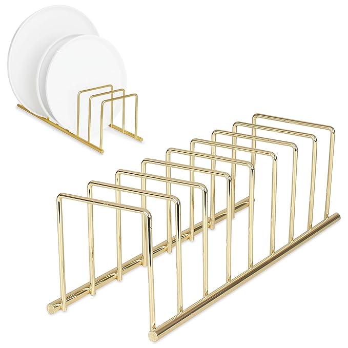 Spectrum Euro Kitchen Organizer Metal Dish Rack Cutting Board Holder Stand for Countertop or Inside Cabinet Organization, 8 Slot Cutting Board Plate Drying Rack for Bakeware Storage, Gold