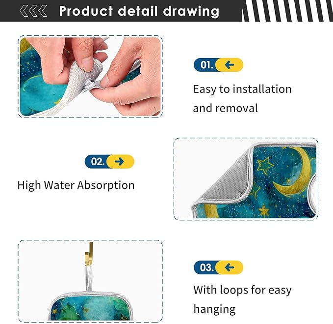 Sink Faucet Absorbing Mat Kitchen Sink Splash Guard Splash Faucet Drip Catcher for Bar RV Bathroom 2PCS 23.6x5.5in Watercolor Moon Star Green