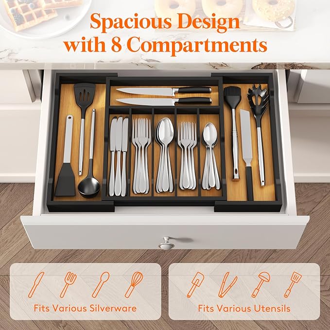 Lifewit Silverware Drawer Organizer, Expandable Utensil Tray for Kitchen, Flatware and Cutlery Holder, Wood Adjustable Storage for Spoons Forks Knives, 13-22x15/ 33-56x38cm, Natural and Black