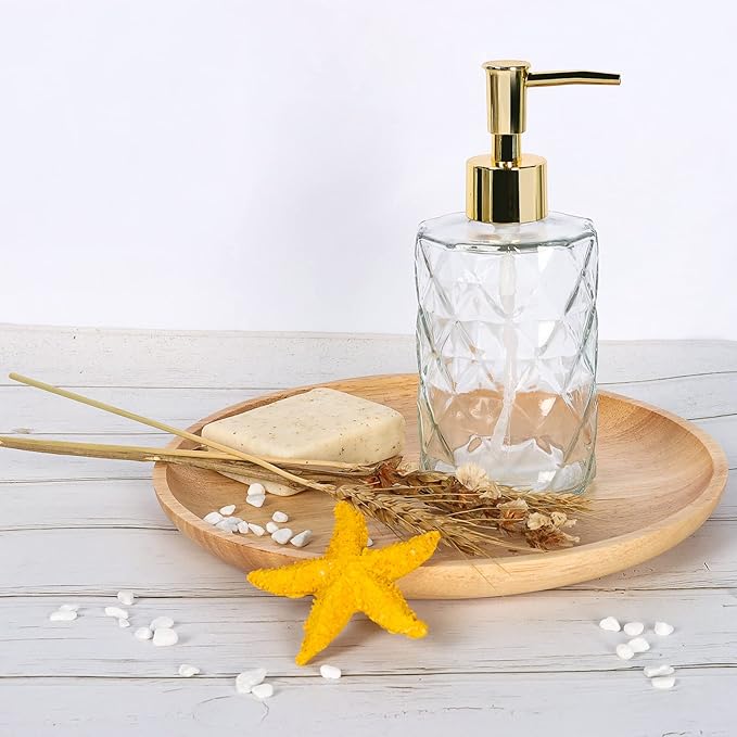 Crystal Glass Soap Dispenser, 330ml/11oz. Clear Glass Lotion Soap Dispenser with Gold Pump, Crystal Design Reusable Hand Soap Dispenser for Kitchen Dish Soap, Shower Gel, Shampoo(Gold Plating Pump)