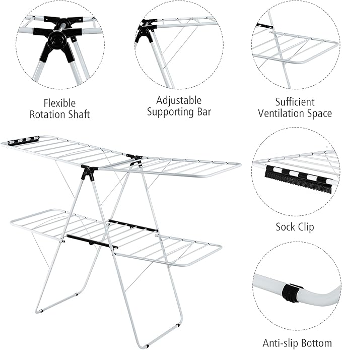 Tangkula Foldable Clothes Drying Rack, 2-Level Folding Drying Rack for Indoor Outdoor Use, Drying Rack Clothing w/Height-Adjustable Gullwing, 33 Drying Rails, Sock Clips