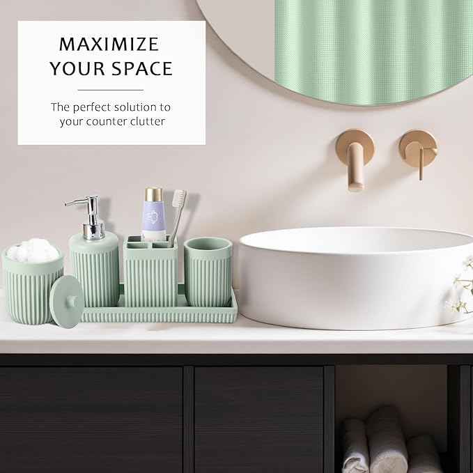 Light Green Bathroom Sets with Shower Curtain and Rugs, 8-Piece Resin Bathroom Accessories Sets Complete, Soap Dispenser, Toothbrush Holder, Tumbler, Tray & Apothecary Jars Bathroom Essentials