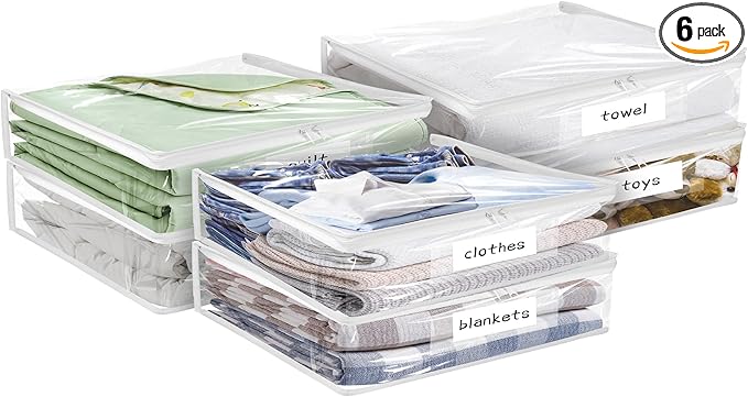 Plastic Storage Bags with Easy-Glide Zipper, Pack of 6, Durable Clear Vinyl Zippered Storage Bags for Clothes Sweaters Comforters Blankets Sheets Bedding (10.5 x 10.5 x 2.5 Inch)
