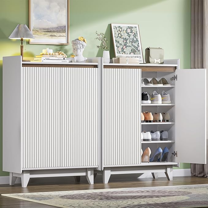 ZLWJGY White Fluted Shoe Cabinet with Adjustable Shelves, Shoe Cabinet Storage for Entryway Hallway Living Room Bedroom, Shoe Rack Cabinet with 2 Doors 2PC, White & Walnut 43.7” H