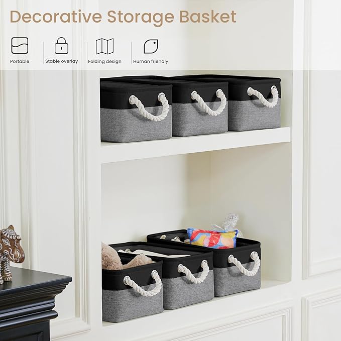 Storage Baskets for Shelves 11.8x7.9x5.2 Inch, Foldable Fabric Storage Bins with Handles, Small Storage Baskets for Organizing Closet, Office, Home Organization (6-Pack, Black&Gray)