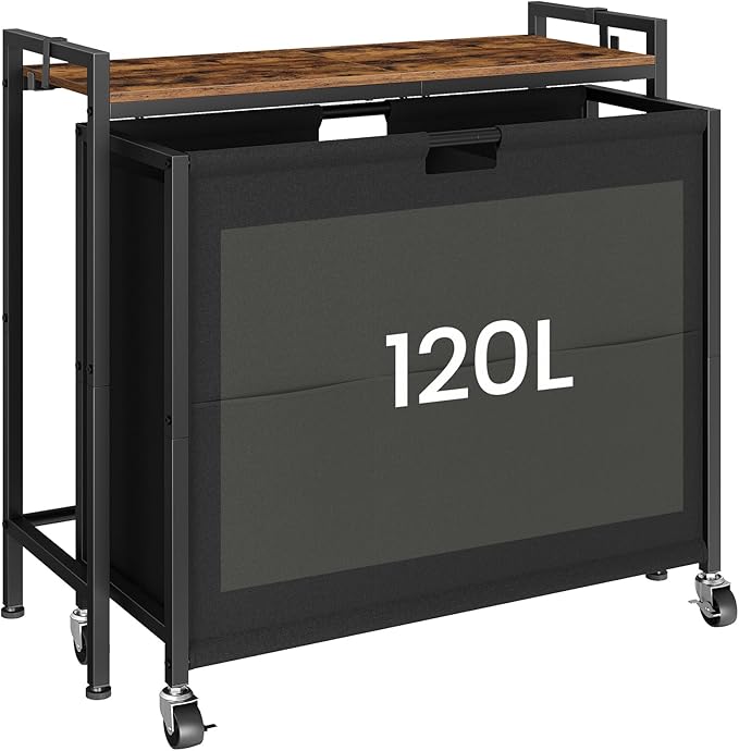 Laundry Sorter, Laundry Hamper with Storage Shelf, Mobile 2-in-1 Basket Organizer, 120 L Rolling Hamper, Large Bags and Movable Wheels, Metal Frame, Rustic Brown and Black TXY01BF
