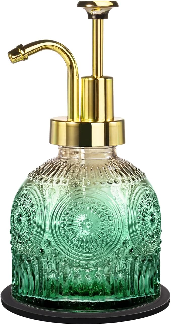 Amolliar 8 Oz Vintage Glass Bathroom Soap Dispensers with Pump, Refillable Kitchen Dish Soap Dispenser with Stripe, Antique Rustic Hand Soap Liquid Bottle (Green Gradient-Golden Pump)