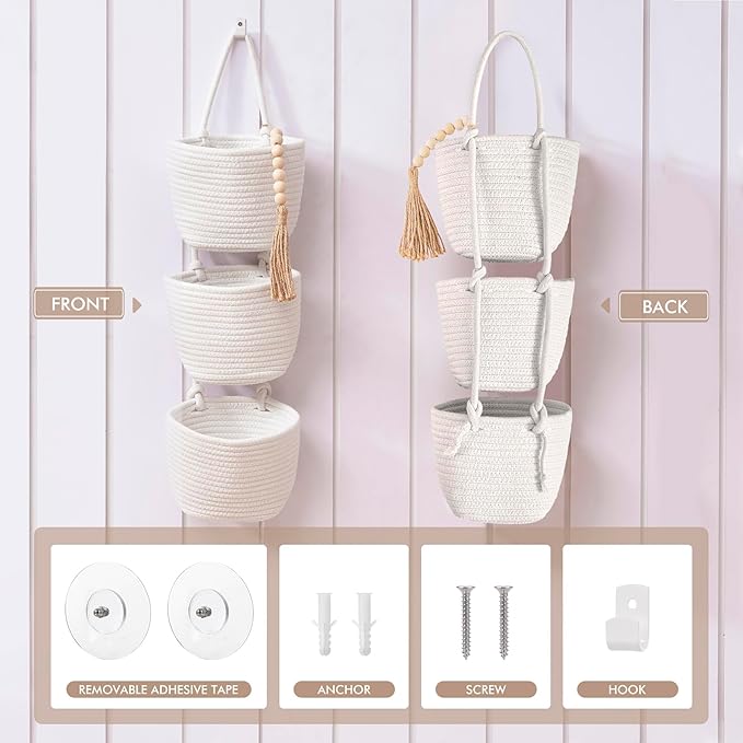 Fabric Wall Hanging Organizers - Small Woven Baskets Pouches Set Boho Style Wall Mounted Bag with Adhesive Hook, Storage Decoration Pocket Caddy for Closet Playroom RV Nursery (White & White)