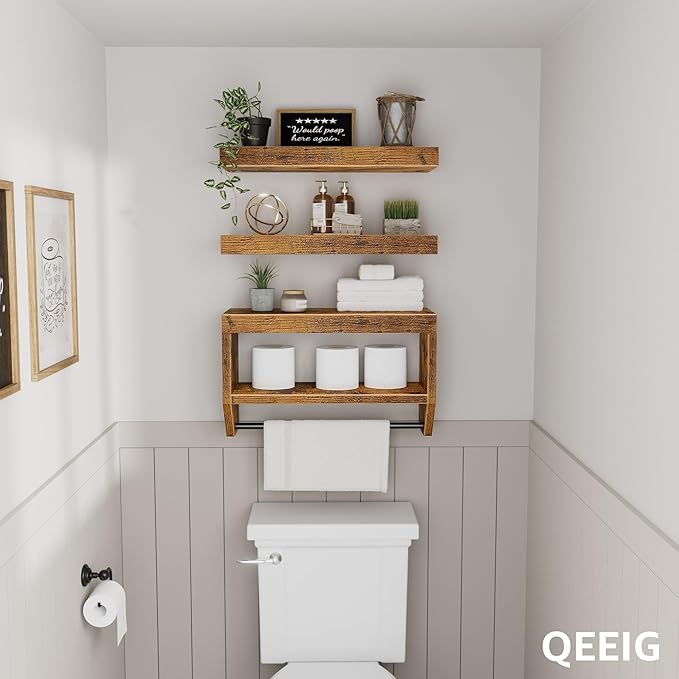 QEEIG Bathroom Floating Shelves for Wall - Shelf Over Toilet Paper Storage Farmhouse 16 inch Set of 3, Rustic Brown (028-40BN3)