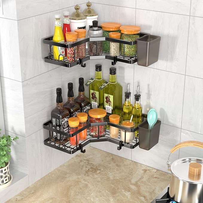 Corner Shower Caddy, 2 Pack Adhesive Shower Corner Organizer Shelves, No Drilling Stainless Steel Shower Storage Rack with Hooks&Toothpaste Holder for Bathroom Kitchen （for 90° Corners Only）