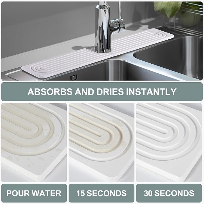 Meiliweser Stone Faucet Mat for Kitchen Sink, Quick Dry Diatomite Sink Splash Guard, Upgraded U-shaped Drying Sink Protectors, Non-Slip Stone Tray for Bathroom Counter (23.6"x4", White)