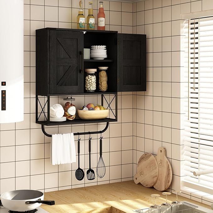 RUSTOWN Farmhouse Medicine Cabinet with 2 Barn Door, Wood Wall Mounted Storage Cabinet with Adjustable Shelf and Towel Bar, 3-Tier Bathroom Cabinet for Bathroom, Living Room(Black, Medium)