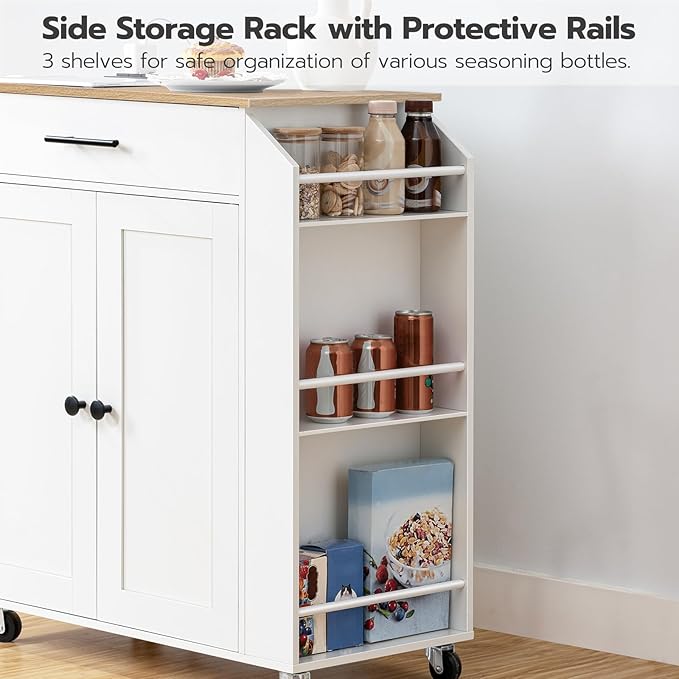 HOOBRO Kitchen Island with Power Outlet, Kitchen Storage Island with Spice Rack and Drawer, Rolling Kitchen on Wheels, for Home, Dining Room, Natural and White WN82UZD01G1