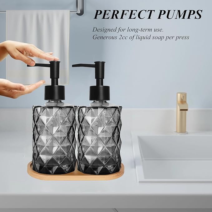 2PCS Black Glass Diamond Soap Dispenser Set, 12 oz, 2 Pack, Reusable, Refillable, Eco-friendly, Clear, Tray & Plastic Pump, Kitchen, Bathroom