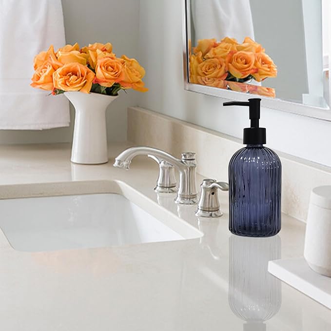 Glass Soap Dispenser with Black Plastic Pump, 13.5oz Refillable Hand Soap Dispenser for Kitchen, Bathroom, Great for Lotions, Essential Oil, Liquid Soap(Grayish Blue)