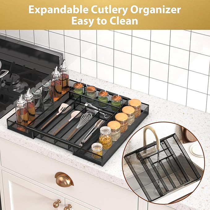Silverware Organizer Metal Mesh, Large Drawer Organizer, Utensil Cutlery Tray for kitchen drawers, Expandable Flatware Organizer with 8 Compartment Black 11.6"~20" x 17.3"